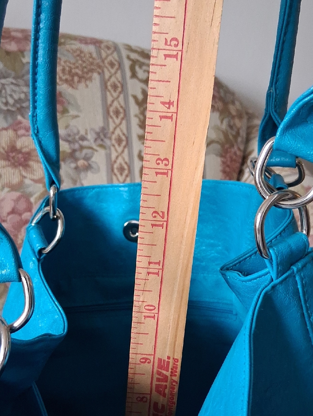 Teal Floral Leather Tote Bag - Women's Shoulder Handbag - Picture 8 of 10